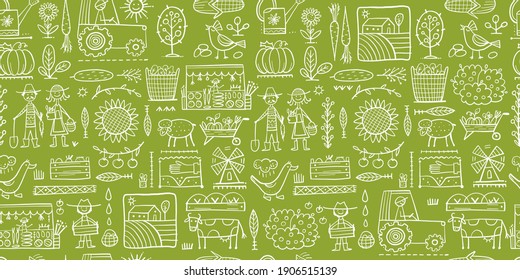 Organic Farm Seamless Pattern Background For Your Design. Harvest Festival. Agriculture Collection. Organic Farming Eco Concept. Fresh Products, Locally Grown And Organic Food. Farmer's Market. Vector