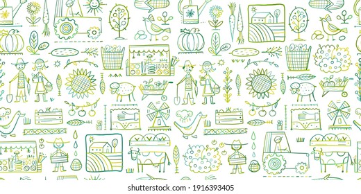 Organic Farm Seamless Pattern Background For Your Design. Harvest Festival. Agriculture Collection. Organic Farming Eco Concept. Fresh Products, Locally Grown And Organic Food. Farmer's Market. Vector