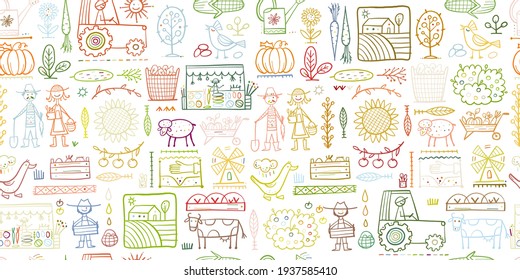 Organic Farm Seamless Pattern Background For Your Design. Harvest Festival. Agriculture Collection. Organic Farming Eco Concept. Fresh Products, Locally Grown And Organic Food. Farmer's Market