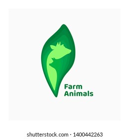 Organic farm sign with cow and pig. Symbol of leaf and illustration of domestic animals inside. Livestock logo. Green vector icon for farmers market, healthy eating, butcher, agricultural business. 