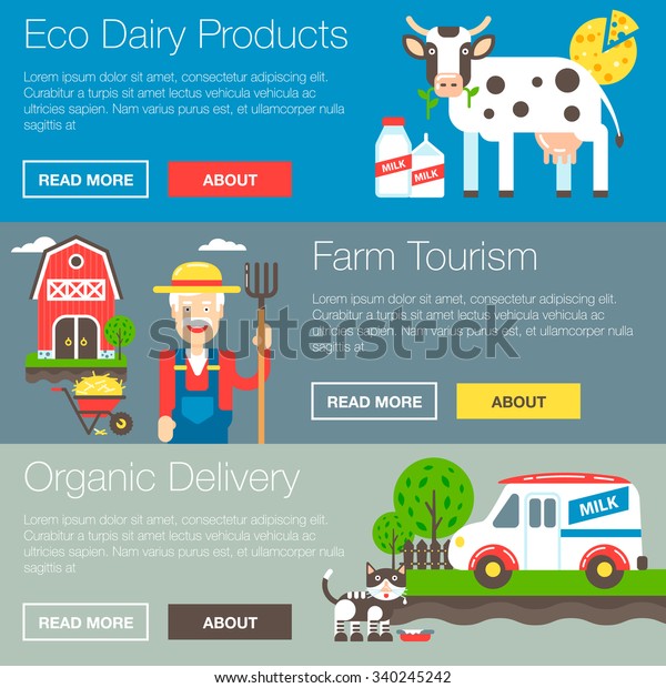 Organic farm\
vector banners illustration with the farm owner and his property.\
Vector illustration and\
icons.