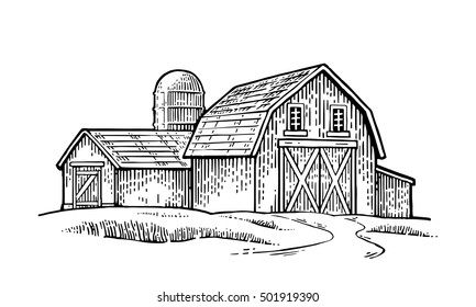 Ökologischer Bauernhof. Vektorgravintage schwarze Illustration. Einzeln auf weißem Hintergrund.