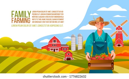 Organic farm vector landscape with young male farmer, barn, mill, village houses, fields, hills. Autumn rural background with gardener holding box of fruit and vegetables. Countryside harvest banner