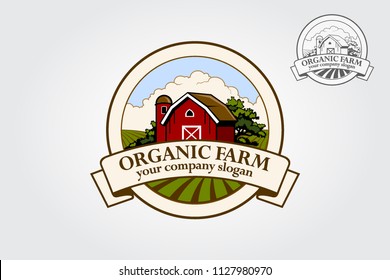 Organic Farm  Vector Logo Illustration. Cartoon illustration of red farm barn. Logo template suitable for business and product names.