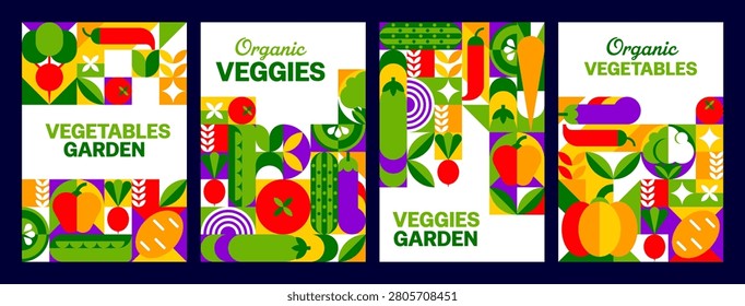 Organic farm vegetables posters with mosaic geometric veggies ornament patterns. Fresh farm produce food and healthy market harvest cards with abstract shapes for sustainability or retro modern garden