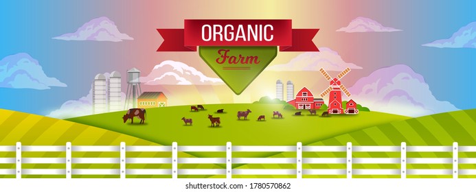 Organic farm village landscape with green fields, cows, fence, mill, livestock, morning cloudy sky. Milk farming background with grazing cows, meadow, fence for organic products markets, shops