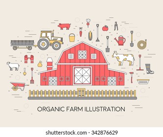 Organic farm in village set and tile in thin lines style design. instruments, flower, vegetables, fruits, hay, building, animals, tractor, tools, clothing. Vector illustrations background concept