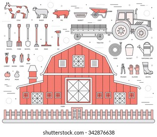 Organic farm in village set and tile in thin lines style design. instruments, flower, vegetables, fruits, hay, building, animals, tractor, tools, clothing. Vector illustrations background concept