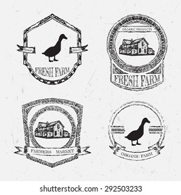 Organic Farm Vintage Chalk Labels With Farmhouse And Duck On The Grunge Background. Retro Hand Drawn Vector Illustration Poster In Sketch Style