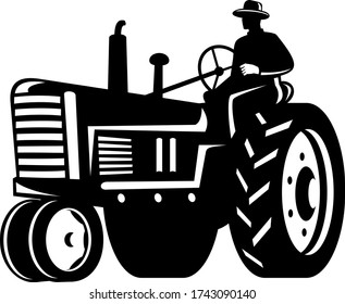 Organic Farmer Driving Vintage Tractor Retro Silhouette Black and White

