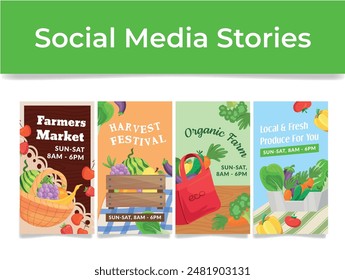 Organic farmer market harvest festival social media stories design template set isometric vector illustration. Local fresh vegetables produce eco edible plant retail agricultural planting gardening