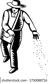Organic Farmer Sowing Seeds Viewed from Front Retro Black and White