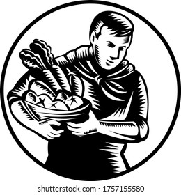 Organic Farmer With Vegetable Farm Produce Retro Woodcut Black and White

