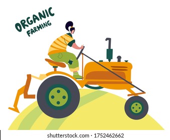 Organic farming. Agricultural workers planting and gathering crops, working on tractor, farmer, farmhouse. Flat cartoon vector illustration. Local grown.