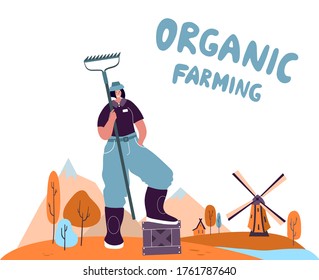 Organic farming. Agricultural workers planting and gathering crops, working on tractor, farmer, farmhouse. Flat cartoon vector illustration. Local grown.