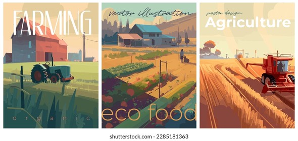 Afiches de tipografía de colores planos de agricultura y agricultura orgánica. Ilustración vectorial para social, banner o tarjeta.