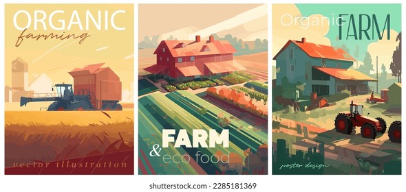 Organic farming and agriculture flat colors typography posters. Vector illustration for social, banner or card. svg
