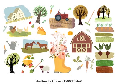 Organic farming, agriculture and gardening. Set of vector illustration elements of organic food production, agronomy, nature, country life for graphic and web design. 