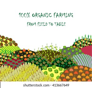 Organic farming background. Frame with plenteous fields landscape. Place for text. Agriculture background.