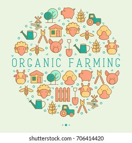 Organic farming concept in circle with thin line icons of animals, tools and symbols for eco products, farming flyers and banners. Agriculture vector illustration for web page, print media.