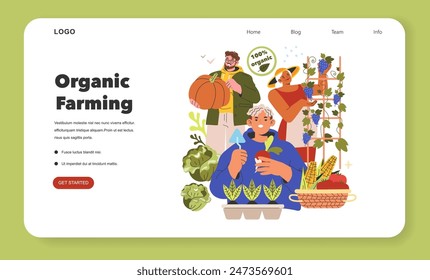 Organic Farming concept. People engaging in sustainable agriculture with fresh produce, promoting healthy lifestyles. Vector illustration.