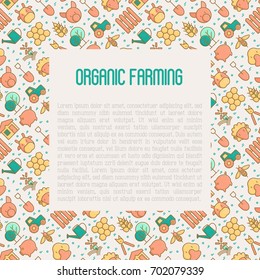 Organic farming concept with thin line icons of animals, tools and symbols for eco products, farming flyers and banners. Agriculture vector illustration for web page, print media.