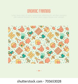 Organic farming concept with thin line icons of animals, tools and symbols for eco products, farming flyers and banners. Agriculture vector illustration for web page, print media.