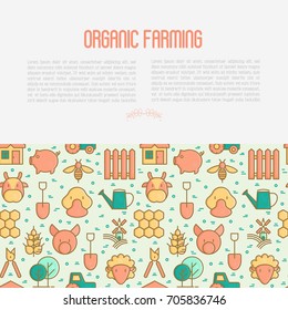 Organic farming concept with thin line icons of animals, tools and symbols for eco products, farming flyers and banners. Agriculture vector illustration for web page, print media.