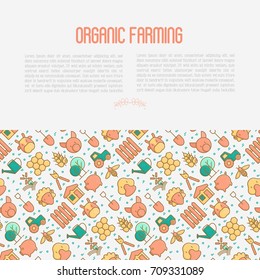 Organic farming concept with thin line icons of animals, tools and symbols for eco products, farming flyers and banners. Agriculture vector illustration for web page, print media.