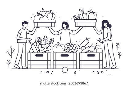 Organic farming concept three people holding crates filled with vegetables and fruits minimalistic line art style flowers and plants in background