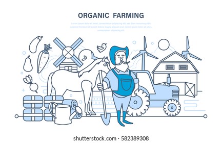Organic farming, cultivation of natural products and animals, environmentally friendly, helpful, rise of farmer skills. Illustration thin line design of vector doodles, infographics elements.