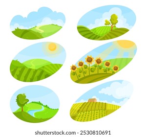 Organic Farming Green Rural Field with Crop Growing Vector Set