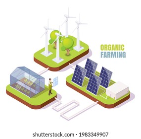 Organic farming. Greenhouse, wind turbines and solar panels, flat vector isometric illustration. Glasshouse using clean energy from sun and wind. Green alternative energy. Eco farm. svg