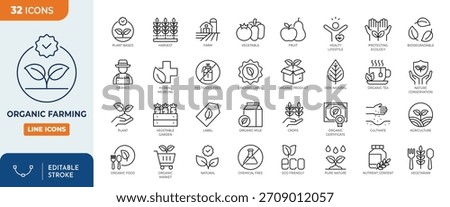 Organic Farming icon set. Contain icons related to Organic farm product, vegan, and more. editable stroke. Vector illustration