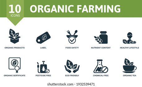 Organic Farming icon set. Contains editable icons organic farming theme such as label, nutrient content, organic certificate and more.