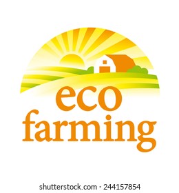 Organic Farming Illustration, Farm House, Field And  Sun Logo Template 