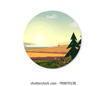 Organic farming illustration, fields and trees. Vector illustration for web design development, natural landscape graphics for your design