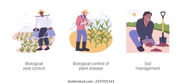 Organic farming industry isolated cartoon vector illustrations set. Biological pest control, plant disease management, soil health in modern agriculture, harvest protection vector cartoon.