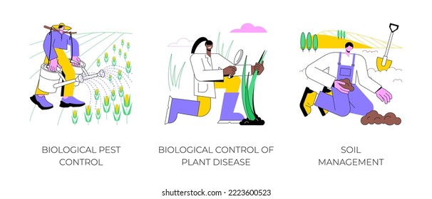Organic farming industry isolated cartoon vector illustrations set. Biological pest control, plant disease management, soil health in modern agriculture, harvest protection vector cartoon.