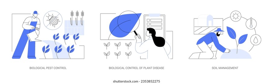 Organic farming industry isolated cartoon vector illustrations set. Biological pest control, plant disease management, soil health in modern agriculture, harvest protection vector cartoon.