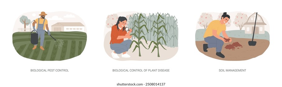 Conjunto de Ilustraciones vectoriales de dibujos animados aislados de la industria de la agricultura orgánica. Control biológico de plagas, manejo de enfermedades de las plantas, salud del suelo en la agricultura moderna, dibujos animados de Vectores de protección de la cosecha.