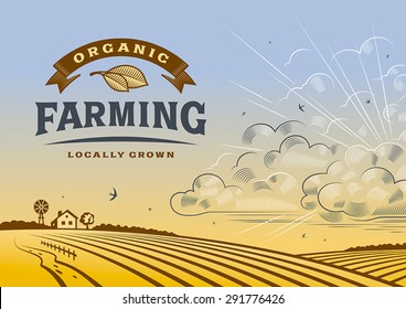 Organic Farming Landscape.  Editable vector illustration with clipping mask.