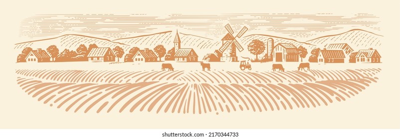 Organic Farming landscape. Farm and Fields with cows