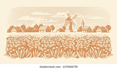 Organic Farming landscape. Farm and Flowers