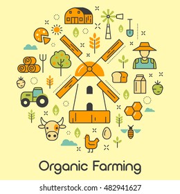Organic Farming Line Art Thin Vector Icons Set with Windmill and Eco Products
