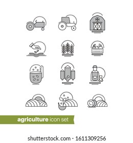 Organic farming and local family own business in sustainable ways. Modern agriculture icon set.  Natural, eco, bio illustrations and symbols collection with polka dot pattern