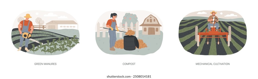 Organic farming methods isolated cartoon vector illustrations set. Green manures, organic waste use for compost, mechanical cultivation, weed control in modern agriculture vector cartoon.