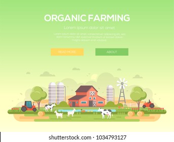 Organic farming - modern flat design style vector illustration on green background with place for text. A countryside landscape with a barn, windmill, haystacks, pond, silage towers