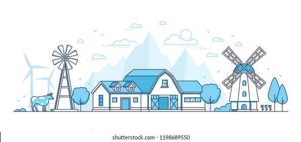 Organic farming - modern thin line design style vector illustration on white background. Blue colored composition with windmill, barn, cow, silhouettes of hills, wind power generators. Eco concept