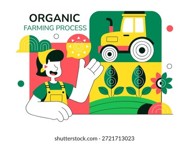 Ilustración vectorial de procesos de agricultura orgánica que muestra la agricultura sostenible, métodos de cultivo respetuosos con el medio ambiente y antecedentes de producción de alimentos naturales